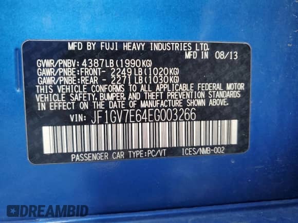 2014 Subaru WRX WRX with VIN JF1GV7E64EG003266, listed as a Copart auction lot 82504695 with 171,206 mi miles and Clean title. Bid and sale history available at DreamBid. Image 13.