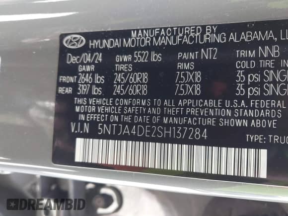 2025 Hyundai Santa Cruz SE with VIN 5NTJA4DE2SH137284, listed as a IAAI auction lot 42445588 with 3,346 mi miles and . Bid and sale history available at DreamBid. Image 9.