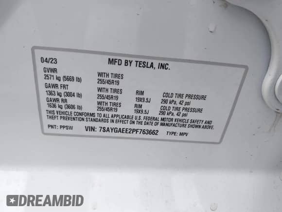 2023 Tesla Model Y Long Range with VIN 7SAYGAEE2PF763662, listed as a IAAI auction lot 43412618 with 43,857 mi miles and . Bid and sale history available at DreamBid. Image 9.