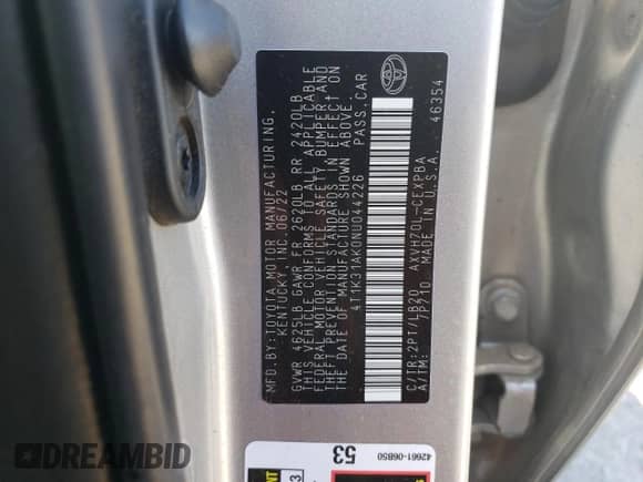 2022 Toyota Camry Hybrid XSE с VIN 4T1K31AK0NU044226, выставлен на аукционе Copart как лот 45727205 с пробегом 59 879 миль миль и Списание • Salvage title. История ставок и продаж доступна на DreamBid. Изображение 12.