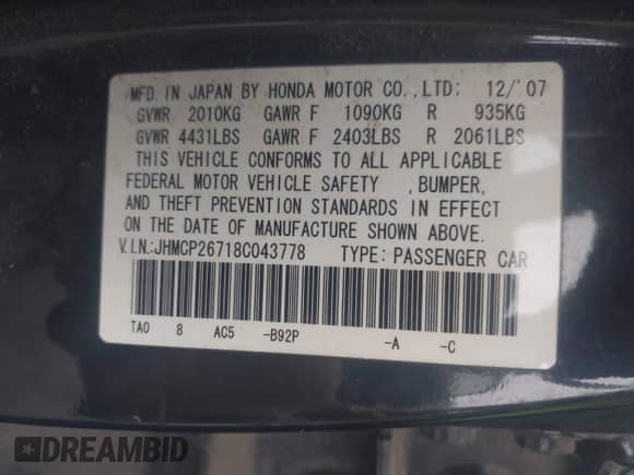 2008 Honda Accord EX с VIN JHMCP26718C043778, выставлен на аукционе IAAI как лот 40716298 с пробегом 224 167 миль миль и . История ставок и продаж доступна на DreamBid. Изображение 9.