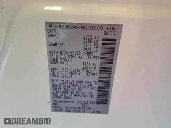 2015 Nissan Pathfinder SV с VIN 5N1AR2MN0FC701250, выставлен на аукционе Copart как лот 59404065 с пробегом 173 169 миль миль и На запчасти • Non repairable. История ставок и продаж доступна на DreamBid. Изображение 13.