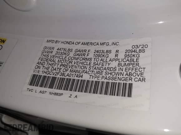 2020 Honda Accord Sport с VIN 1HGCV2F38LA017494, выставлен на аукционе IAAI как лот 43159377 с пробегом 73 526 миль миль и . История ставок и продаж доступна на DreamBid. Изображение 9.