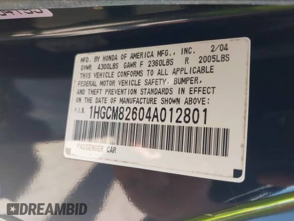 2004 Honda Accord EX with VIN 1HGCM82604A012801, listed as a IAAI auction lot 42791283 with 157,872 mi miles and . Bid and sale history available at DreamBid. Image 9.