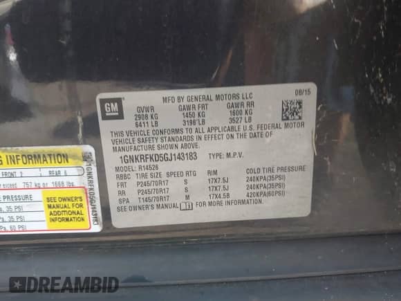 2016 Chevrolet Traverse LS with VIN 1GNKRFKD5GJ143183, listed as a IAAI auction lot 43151873 with Not provided miles and . Bid and sale history available at DreamBid. Image 9.