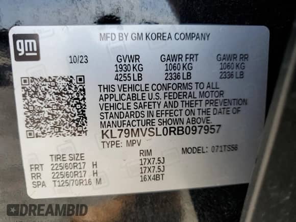 2024 Chevrolet TrailBlazer ACTIV z VIN KL79MVSL0RB097957, wystawiony jako Copart lot #60468855 z przebiegiem 42 615 mil mil oraz Szkoda całkowita • Salvage title. Historia ofert i sprzedaży dostępna na DreamBid. Obrazek 13.