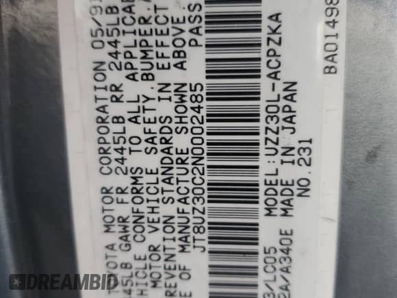 1992 Lexus SC 400 z VIN JT8UZ30C2N0002485, wystawiony jako Copart lot #89553365 z przebiegiem 260 100 mil mil oraz Czysty tytuł • Clean title. Historia ofert i sprzedaży dostępna na DreamBid. Obrazek 12.