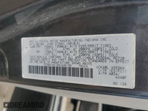 2004 Toyota Tundra SR5 z VIN 5TBBT44194S446136, wystawiony jako Copart lot #65595115 z przebiegiem 89 188 mil mil oraz Czysty tytuł • Clean title. Historia ofert i sprzedaży dostępna na DreamBid. Obrazek 12.