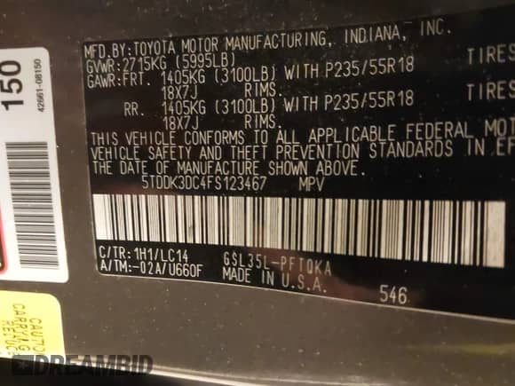 2015 Toyota Sienna Limited with VIN 5TDDK3DC4FS123467, listed as a IAAI auction lot 41977448 with 164,467 mi miles and . Bid and sale history available at DreamBid. Image 9.
