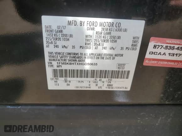 2017 Ford Explorer Platinum с VIN 1FM5K8HTXHGD50635, выставлен на аукционе Copart как лот 80324485 с пробегом 72 551 миль миль и Списание • Salvage title. История ставок и продаж доступна на DreamBid. Изображение 13.