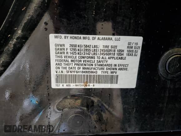 2019 Honda Pilot LX с VIN 5FNYF6H18KB059643, выставлен на аукционе Copart как лот 68585885 с пробегом Не указан миль и На запчасти • Non repairable. История ставок и продаж доступна на DreamBid. Изображение 13.