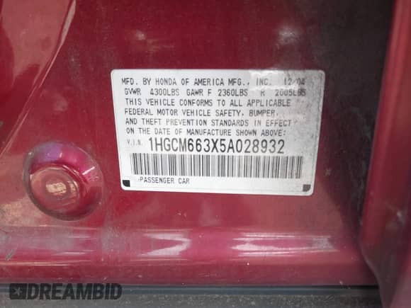 2005 Honda Accord LX with VIN 1HGCM663X5A028932, listed as a IAAI auction lot 42247000 with 214,846 mi miles and . Bid and sale history available at DreamBid. Image 9.