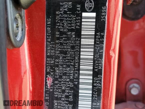 2021 Toyota Camry Hybrid XSE with VIN 4T1K31AK6MU030362, listed as a Copart auction lot 81326505 with 72,342 mi miles and Salvage title. Bid and sale history available at DreamBid. Image 13.