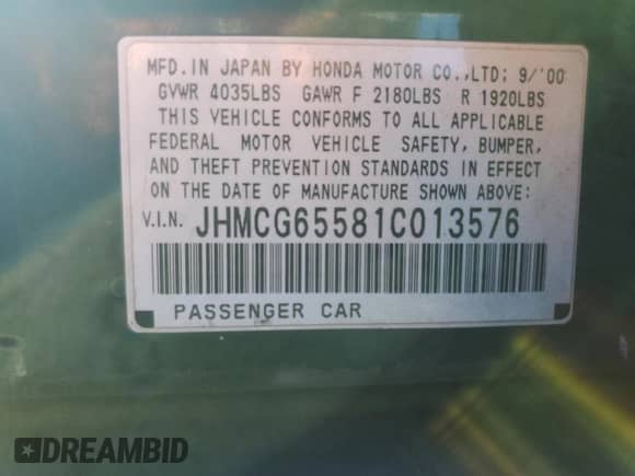 2001 Honda Accord with VIN JHMCG65581C013576, listed as a Copart auction lot 77839024 with 308,265 mi miles and Salvage title. Bid and sale history available at DreamBid. Image 13.