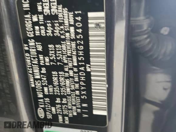 2017 Kia Sorento EX с VIN 5XYPHDA15HG254041, выставлен на аукционе Copart как лот 82277935 с пробегом Не указан миль и Списание • Salvage title. История ставок и продаж доступна на DreamBid. Изображение 13.