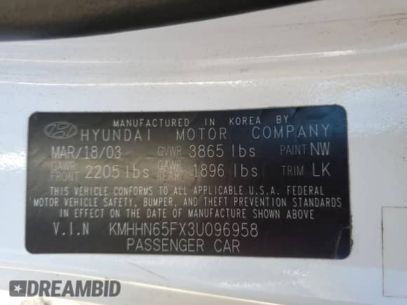 2003 Hyundai Tiburon GT с VIN KMHHN65FX3U096958, выставлен на аукционе Copart как лот 75451144 с пробегом 200 579 миль миль и Списание • Salvage title. История ставок и продаж доступна на DreamBid. Изображение 12.