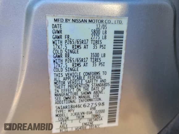 2006 Nissan Pathfinder SE с VIN 5N1AR18U46C627598, выставлен на аукционе IAAI как лот 41527404 с пробегом 124 763 миль миль и . История ставок и продаж доступна на DreamBid. Изображение 9.