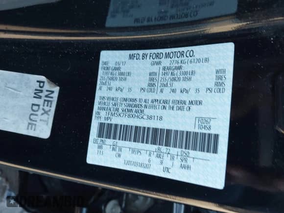 2017 Ford Explorer Limited z VIN 1FM5K7F8XHGC38118, wystawiony jako IAAI lot #43349903 z przebiegiem 87 627 mil mil oraz . Historia ofert i sprzedaży dostępna na DreamBid. Obrazek 9.