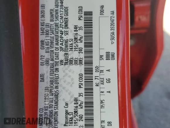 2012 Ford Fiesta SES с VIN 3FADP4FJ7CM173946, выставлен на аукционе Copart как лот 58439135 с пробегом 79 245 миль миль и Списание • Salvage title. История ставок и продаж доступна на DreamBid. Изображение 12.