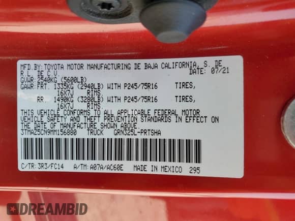 2021 Toyota Tacoma SR5 с VIN 3TMAZ5CN9MM156880, выставлен на аукционе Copart как лот 68764835 с пробегом 90 754 миль миль и Списание • Salvage title. История ставок и продаж доступна на DreamBid. Изображение 12.