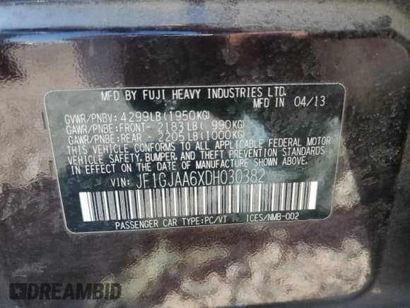 2013 Subaru Impreza z VIN JF1GJAA6XDH030382, wystawiony jako Copart lot #62605225 z przebiegiem 96 692 mil mil oraz Szkoda całkowita • Salvage title. Historia ofert i sprzedaży dostępna na DreamBid. Obrazek 12.