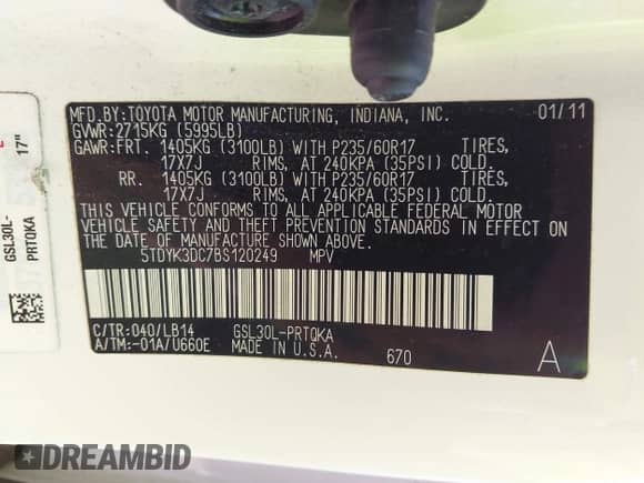 2011 Toyota Sienna XLE with VIN 5TDYK3DC7BS120249, listed as a IAAI auction lot 43545371 with 175,936 mi miles and . Bid and sale history available at DreamBid. Image 9.