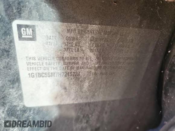 2017 Chevrolet Cruze LS с VIN 1G1BC5SM7H7215724, выставлен на аукционе Copart как лот 86494005 с пробегом 193 319 миль миль и Чистый • Clean title. История ставок и продаж доступна на DreamBid. Изображение 12.