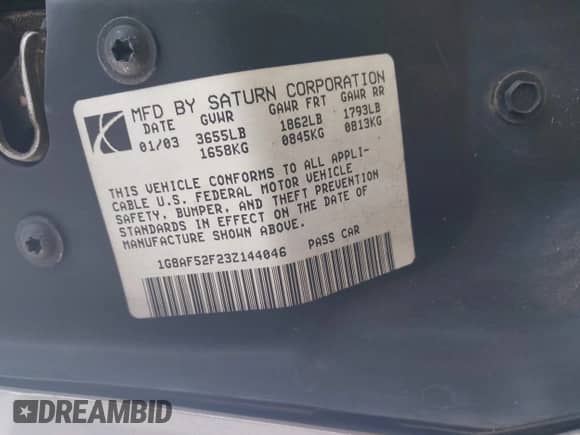 2003 Saturn ION ION 1 with VIN 1G8AF52F23Z144046, listed as a IAAI auction lot 42542394 with 188,091 mi miles and . Bid and sale history available at DreamBid. Image 9.