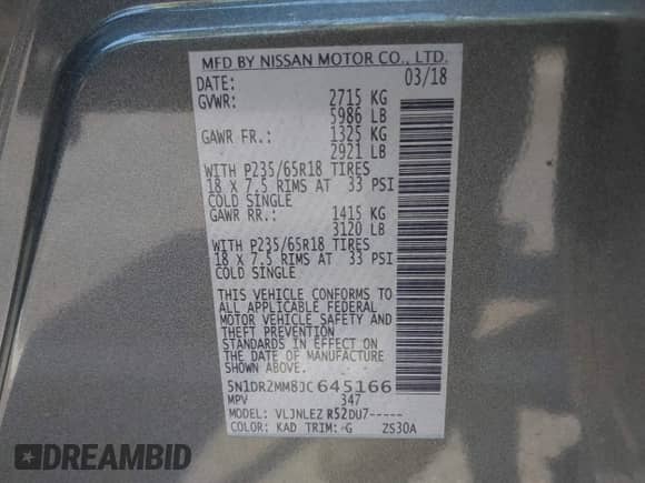 2018 Nissan Pathfinder SV z VIN 5N1DR2MM8JC645166, wystawiony jako IAAI lot #42666765 z przebiegiem 81 544 mil mil oraz . Historia ofert i sprzedaży dostępna na DreamBid. Obrazek 9.