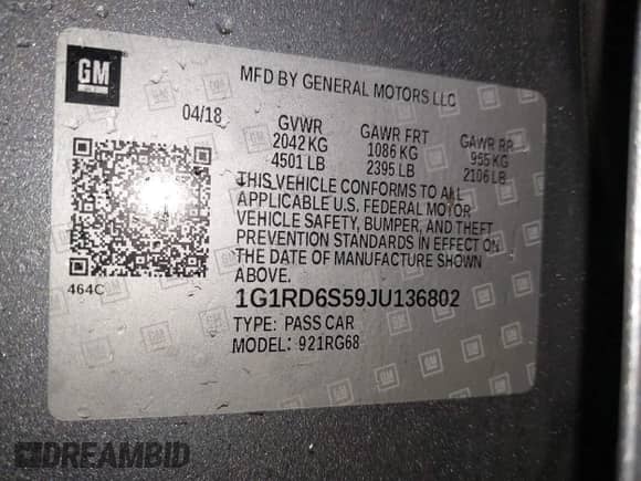 2018 Chevrolet Volt Premier с VIN 1G1RD6S59JU136802, выставлен на аукционе IAAI как лот 41893059 с пробегом 82 511 миль миль и . История ставок и продаж доступна на DreamBid. Изображение 9.