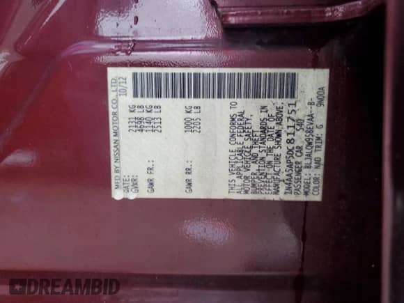 2013 Nissan Maxima SV with VIN 1N4AA5AP5DC811751, listed as a Copart auction lot 86069905 with 137,295 mi miles and Salvage title. Bid and sale history available at DreamBid. Image 12.