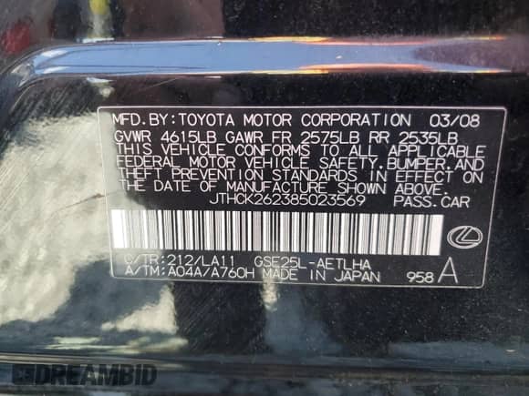 2008 Lexus IS 250 с VIN JTHCK262385023569, выставлен на аукционе Copart как лот 84927235 с пробегом 143 426 миль миль и Списание • Salvage title. История ставок и продаж доступна на DreamBid. Изображение 12.