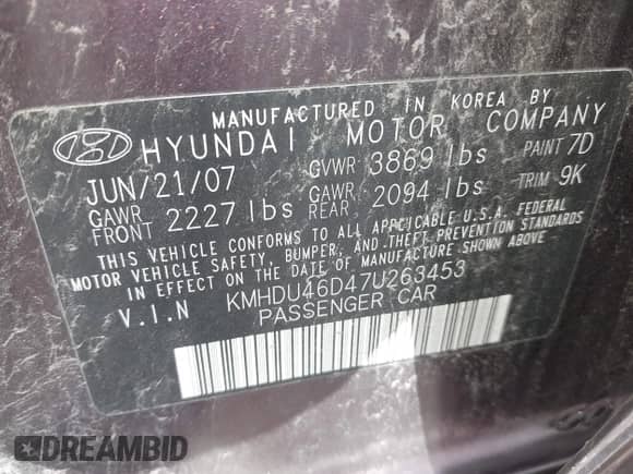 2007 Hyundai Elantra GLS с VIN KMHDU46D47U263453, выставлен на аукционе IAAI как лот 43114591 с пробегом 151 681 миль миль и . История ставок и продаж доступна на DreamBid. Изображение 9.