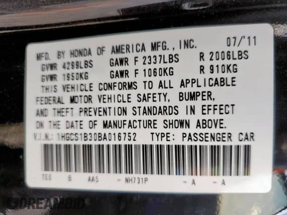 2011 Honda Accord LX-S with VIN 1HGCS1B30BA016752, listed as a Copart auction lot 85642595 with 161,962 mi miles and Salvage title. Bid and sale history available at DreamBid. Image 12.
