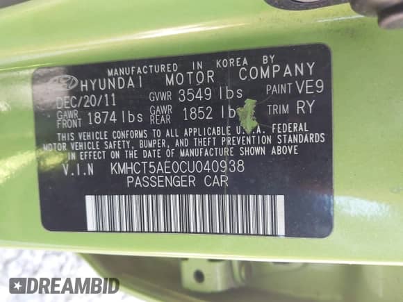 2012 Hyundai Accent GS с VIN KMHCT5AE0CU040938, выставлен на аукционе IAAI как лот 43432982 с пробегом 151 707 миль миль и . История ставок и продаж доступна на DreamBid. Изображение 9.