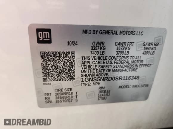 2025 Chevrolet Tahoe LT z VIN 1GNS5NRD0SR116348, wystawiony jako Copart lot #61053085 z przebiegiem 7 471 mil mil oraz Szkoda całkowita • Salvage title. Historia ofert i sprzedaży dostępna na DreamBid. Obrazek 13.