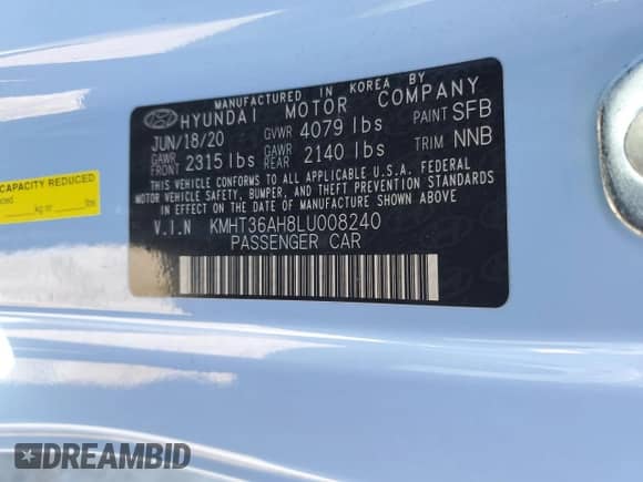 2020 Hyundai Veloster with VIN KMHT36AH8LU008240, listed as a Copart auction lot 41715305 with 37,199 mi miles and Salvage title. Bid and sale history available at DreamBid. Image 12.