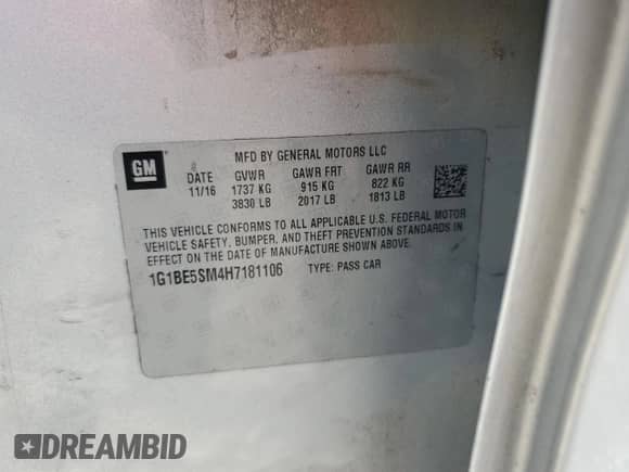 2017 Chevrolet Cruze LT with VIN 1G1BE5SM4H7181106, listed as a Copart auction lot 68377875 with Not provided miles and Salvage title. Bid and sale history available at DreamBid. Image 13.