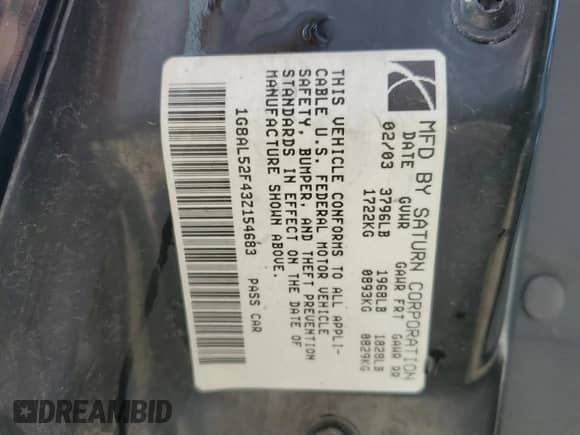 2003 Saturn ION ION 3 with VIN 1G8AL52F43Z154683, listed as a Copart auction lot 53736895 with 233,387 mi miles and Non repairable. Bid and sale history available at DreamBid. Image 12.