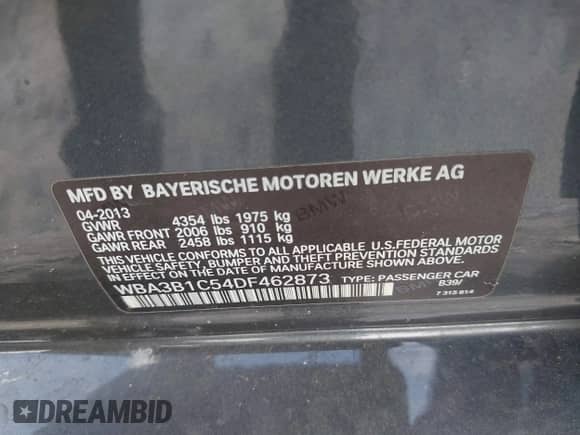 2013 BMW 3 Series 320i с VIN WBA3B1C54DF462873, выставлен на аукционе IAAI как лот 39931225 с пробегом 118 917 миль миль и . История ставок и продаж доступна на DreamBid. Изображение 9.