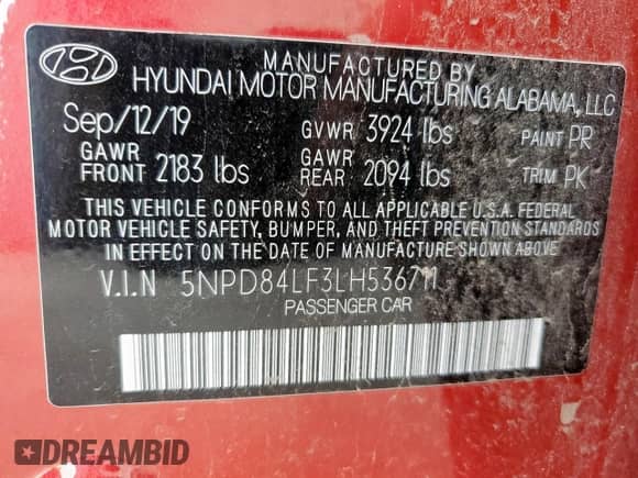 2020 Hyundai Elantra Value Edition with VIN 5NPD84LF3LH536711, listed as a Copart auction lot 71282215 with 31,061 mi miles and Salvage title. Bid and sale history available at DreamBid. Image 12.