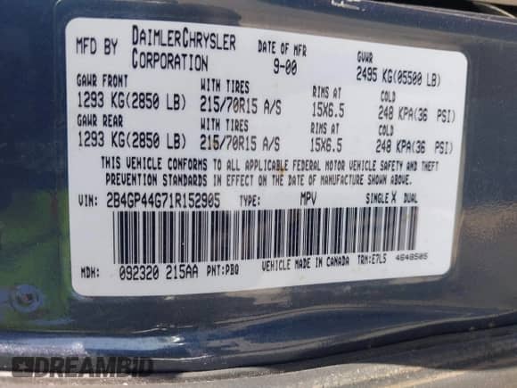 2001 Dodge Caravan SE с VIN 2B4GP44G71R152905, выставлен на аукционе IAAI как лот 42310519 с пробегом Не указан миль и . История ставок и продаж доступна на DreamBid. Изображение 9.