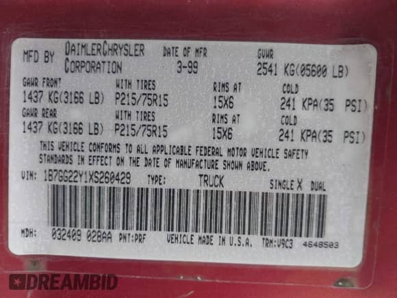 1999 Dodge Dakota SLT with VIN 1B7GG22Y1XS260429, listed as a IAAI auction lot 42082171 with 214,037 mi miles and . Bid and sale history available at DreamBid. Image 9.