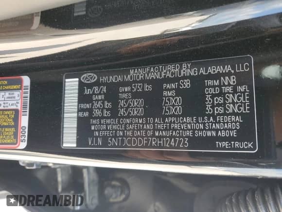 2024 Hyundai Santa Cruz Night Edition с VIN 5NTJCDDF7RH124723, выставлен на аукционе Copart как лот 71933884 с пробегом Не указан миль и Списание • Salvage title. История ставок и продаж доступна на DreamBid. Изображение 15.