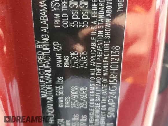 2024 Hyundai Santa Fe SEL с VIN 5NMP24G15RH012138, выставлен на аукционе Copart как лот 66680535 с пробегом 23 599 миль миль и Списание • Salvage title. История ставок и продаж доступна на DreamBid. Изображение 14.