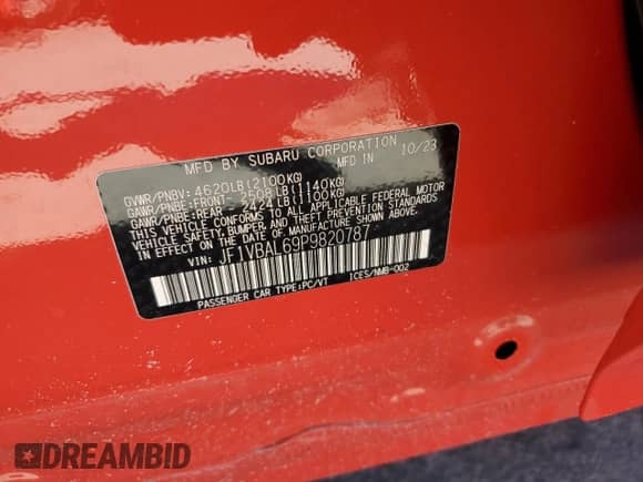 2023 Subaru WRX Limited с VIN JF1VBAL69P9820787, выставлен на аукционе Copart как лот 50486855 с пробегом 12 787 миль миль и Списание • Salvage title. История ставок и продаж доступна на DreamBid. Изображение 13.