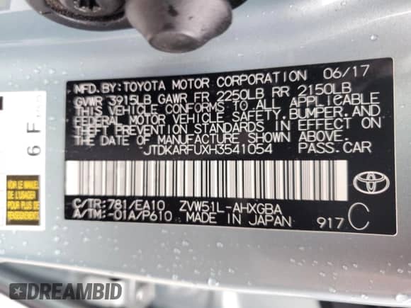 2017 Toyota Prius Two z VIN JTDKARFUXH3541054, wystawiony jako Copart lot #85113925 z przebiegiem 77 334 mil mil oraz Szkoda całkowita • Salvage title. Historia ofert i sprzedaży dostępna na DreamBid. Obrazek 12.