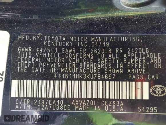 2019 Toyota Camry LE с VIN 4T1B11HK3KU784697, выставлен на аукционе IAAI как лот 43230693 с пробегом 122 097 миль миль и . История ставок и продаж доступна на DreamBid. Изображение 9.