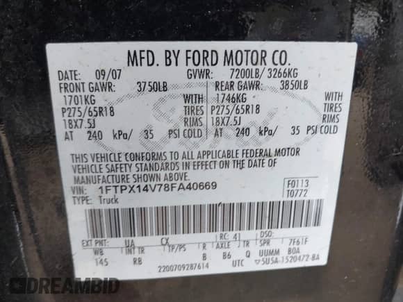 2008 Ford F-150 XLT z VIN 1FTPX14V78FA40669, wystawiony jako IAAI lot #43269820 z przebiegiem Nie podano mil oraz . Historia ofert i sprzedaży dostępna na DreamBid. Obrazek 9.