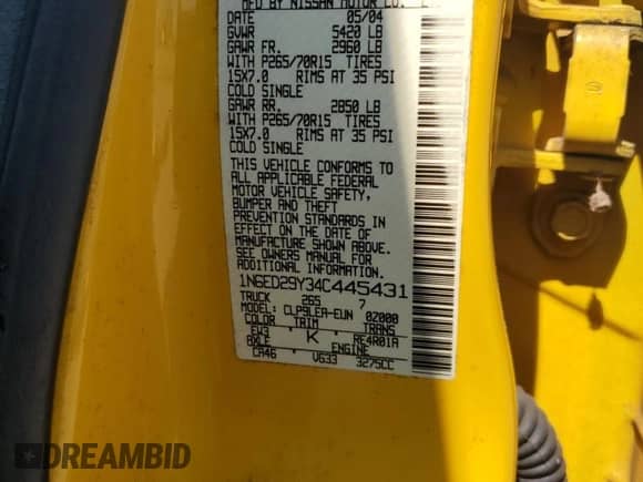 2004 Nissan Frontier XE with VIN 1N6ED29Y34C445431, listed as a Copart auction lot 66913525 with 155,387 mi miles and Salvage title. Bid and sale history available at DreamBid. Image 13.